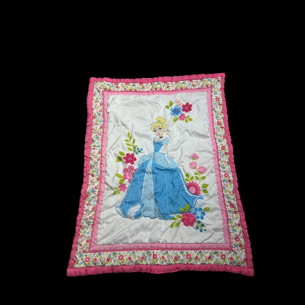 Disney Baby Cinderella Quilted Crib Blanket Pink Blue Floral Princess Nursery